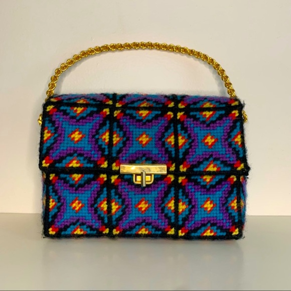 VINTAGE Handmade 70’s Colorful Geometric Cross Stitch Gold Handle Purse Handbag